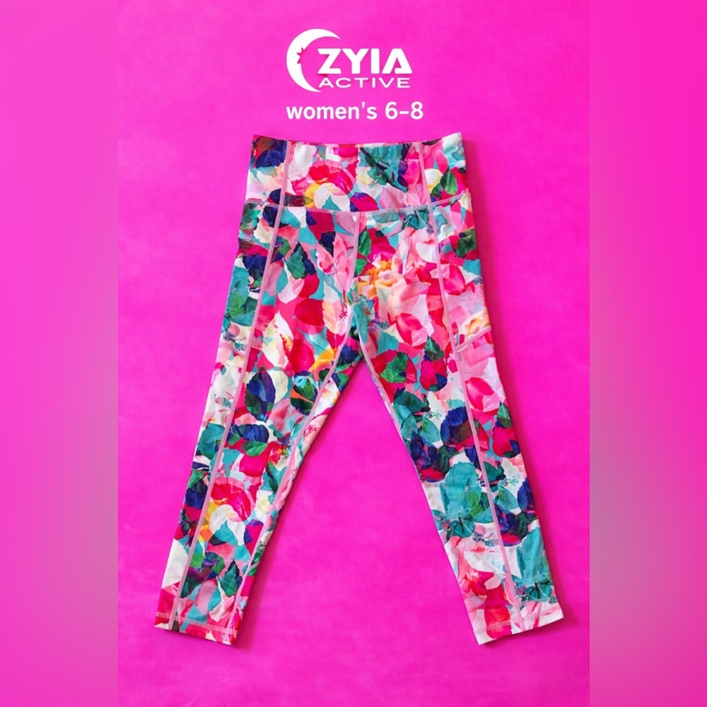 Zyia Active Floral Crop Leggings 6-8 Pink High Rise Athletic Yoga Gym Pants
